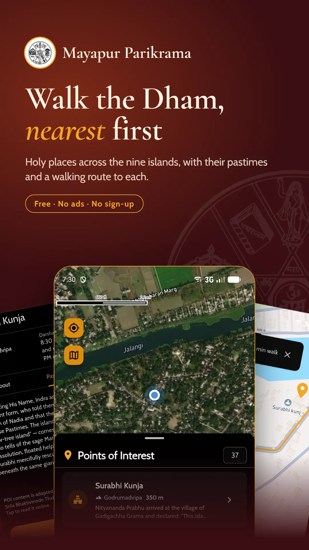 Walk the Dham, nearest first: map with your position and the nearest holy places