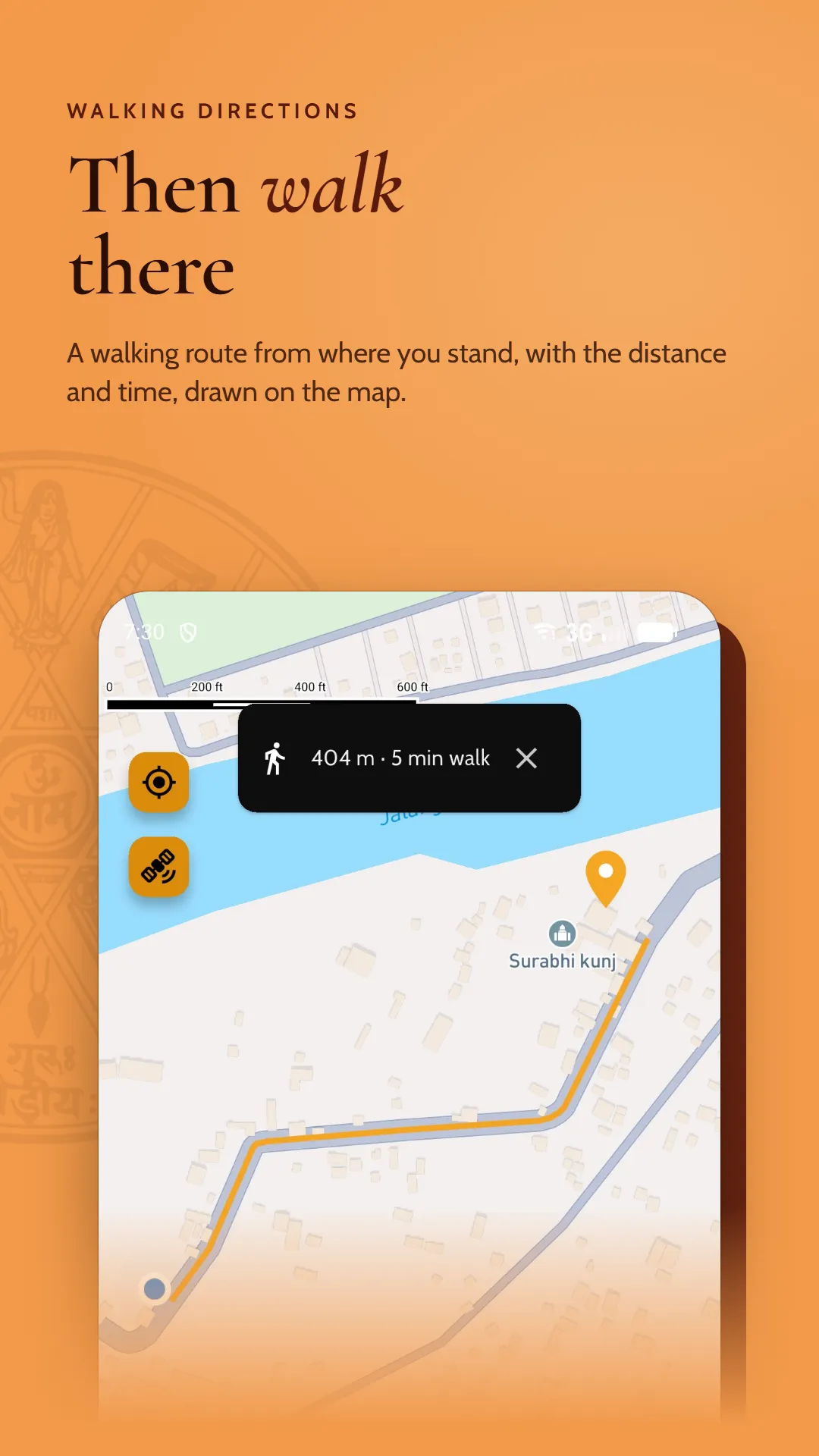 Walking route to a holy place drawn on the map