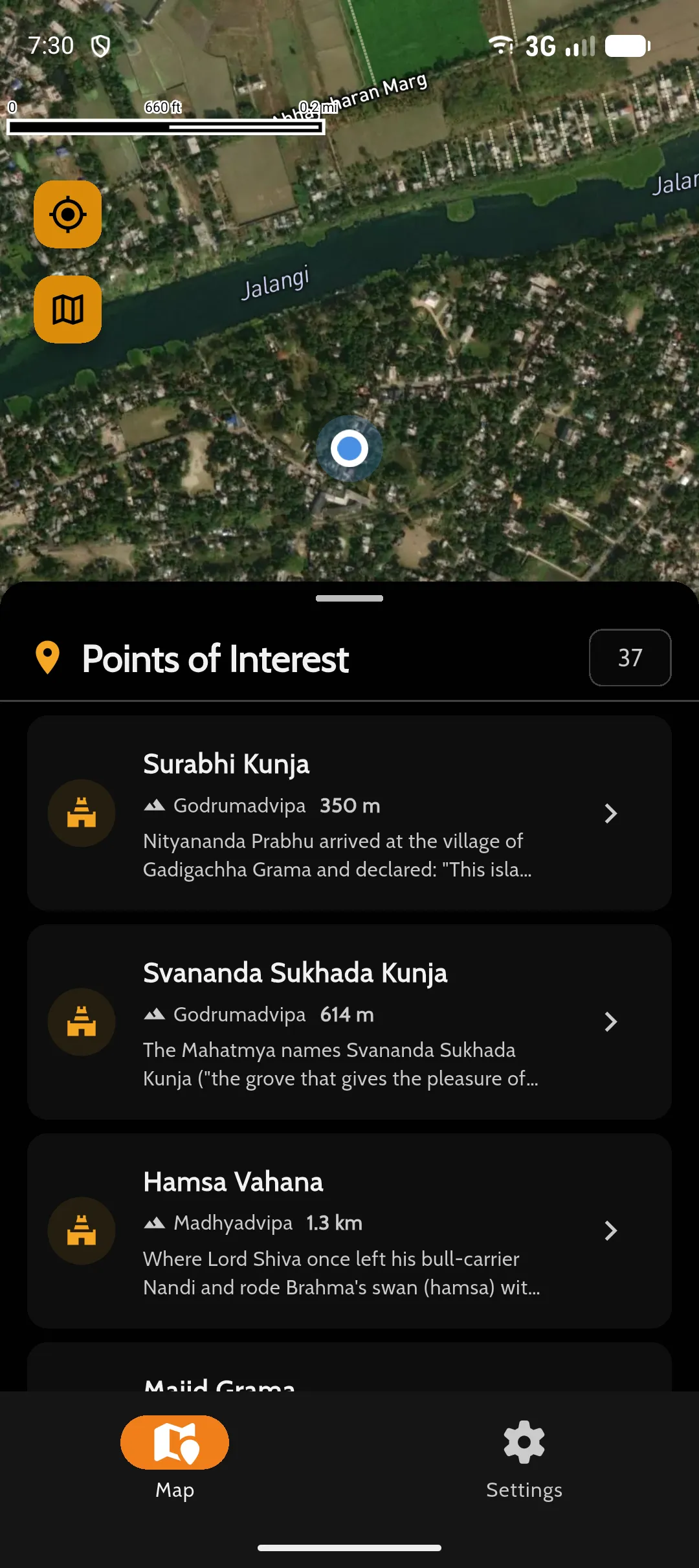 Mayapur Parikrama showing a satellite map of Godrumadvipa with your position, and the nearest holy places listed below: Surabhi Kunja 350 m, Svananda Sukhada Kunja 614 m